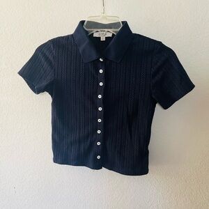 Textured Navy Short-Sleeve Button Crop Top